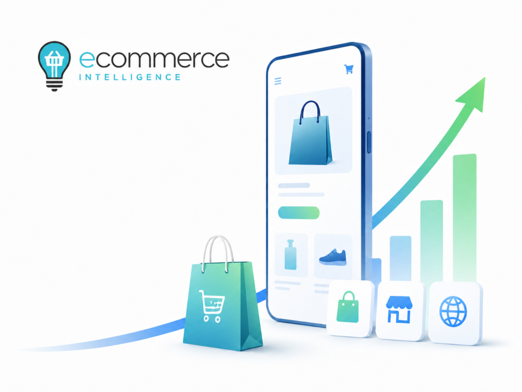Ecommerce Intelligence branded illustration showing a mobile shop interface, shopping icons and an upward growth chart for TikTok Shop ecommerce growth.
