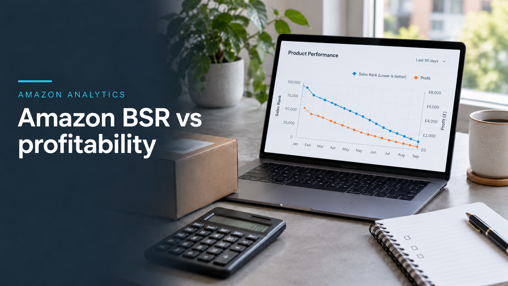 Laptop showing Amazon sales rank and profit trends alongside advice to track profitability rather than BSR alone.
