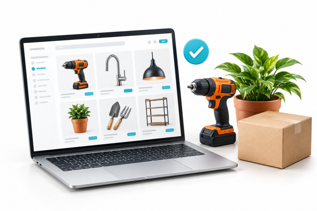 Home improvement product catalogue on a laptop beside a drill, potted plant and delivery box