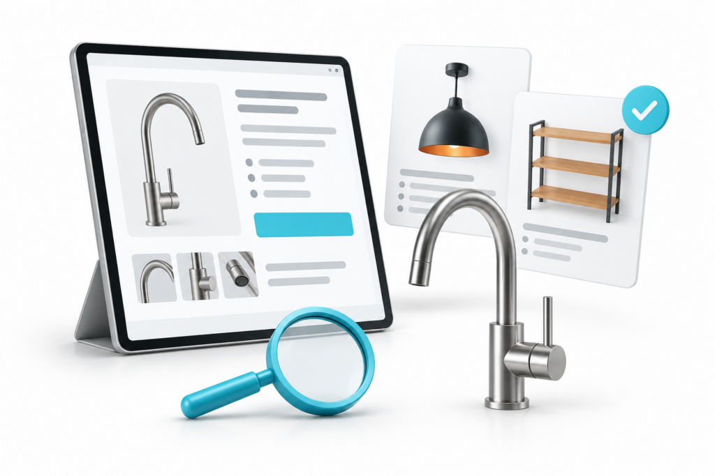 Home improvement product listings on a tablet with catalogue cards and a magnifying glass