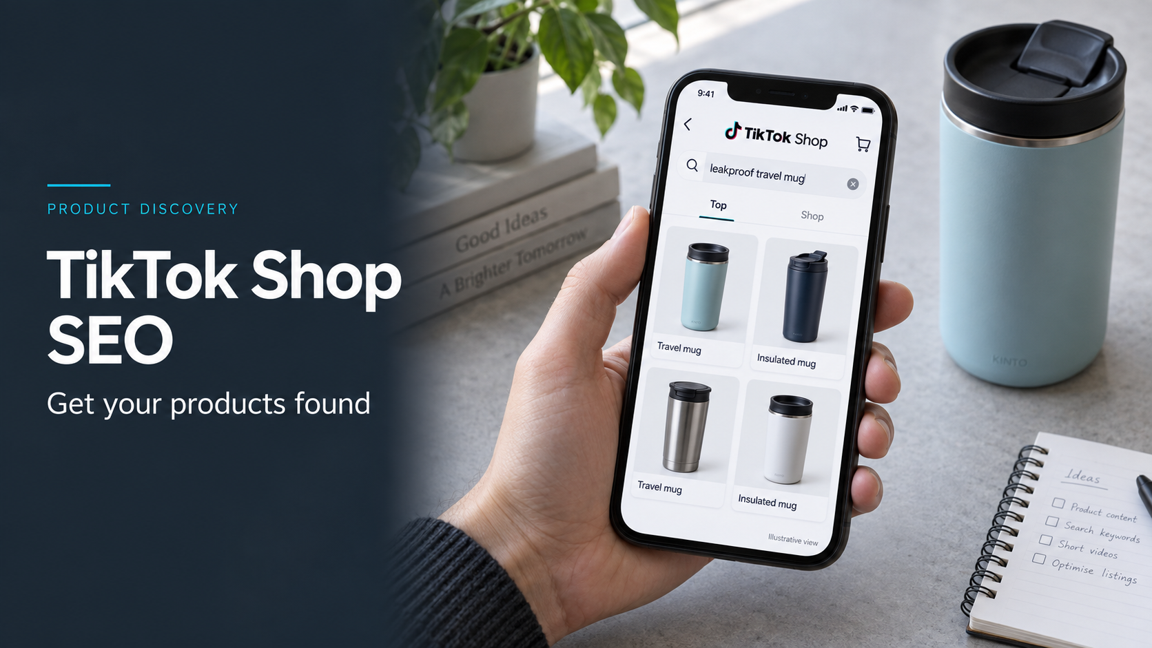 Smartphone showing an illustrative TikTok Shop search for leakproof travel mugs