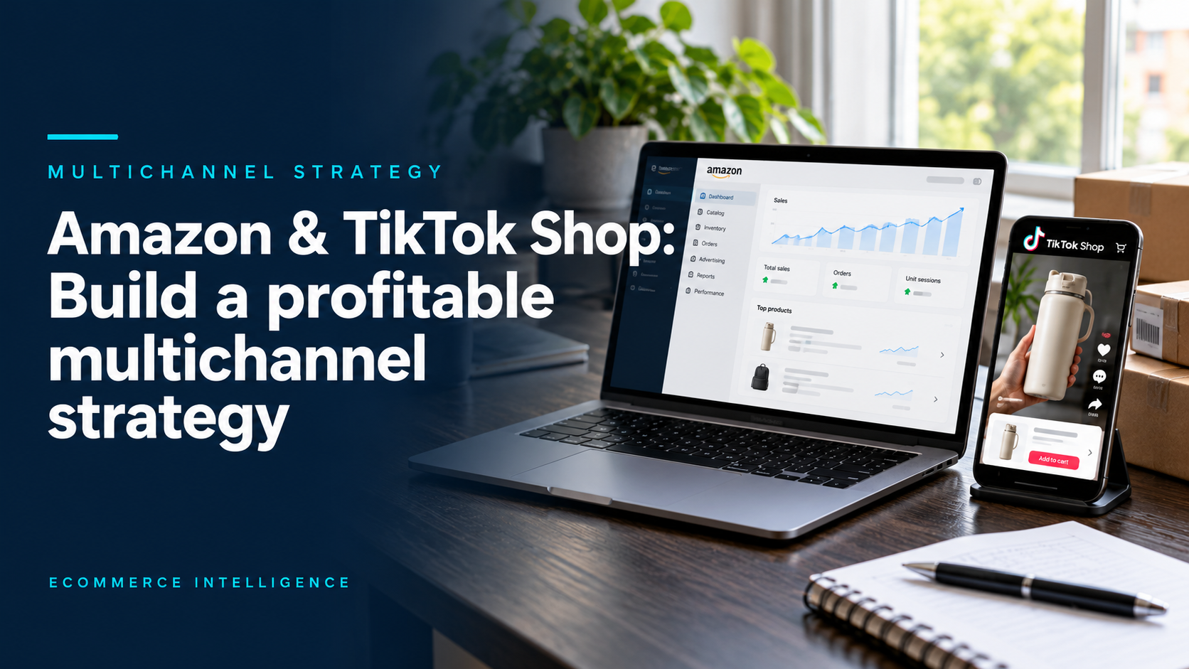 Amazon and TikTok Shop multichannel strategy illustration showing a laptop dashboard, a phone with a shopping video and shipping boxes.