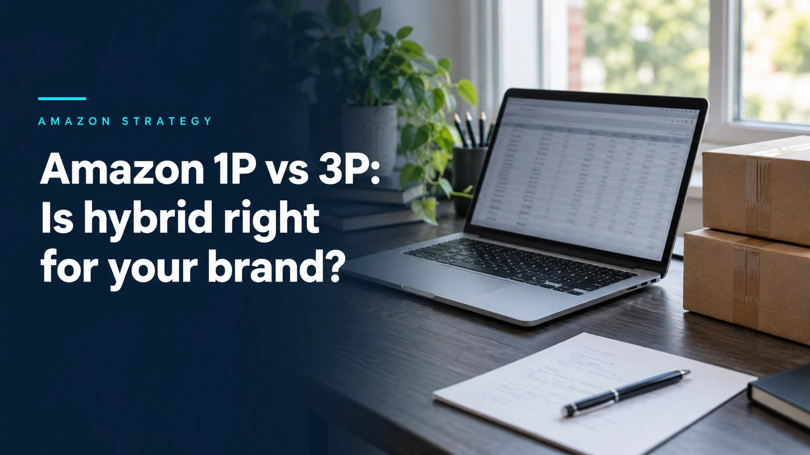 Amazon 1P vs 3P: Is hybrid right for your brand? Laptop and parcels on an office desk.