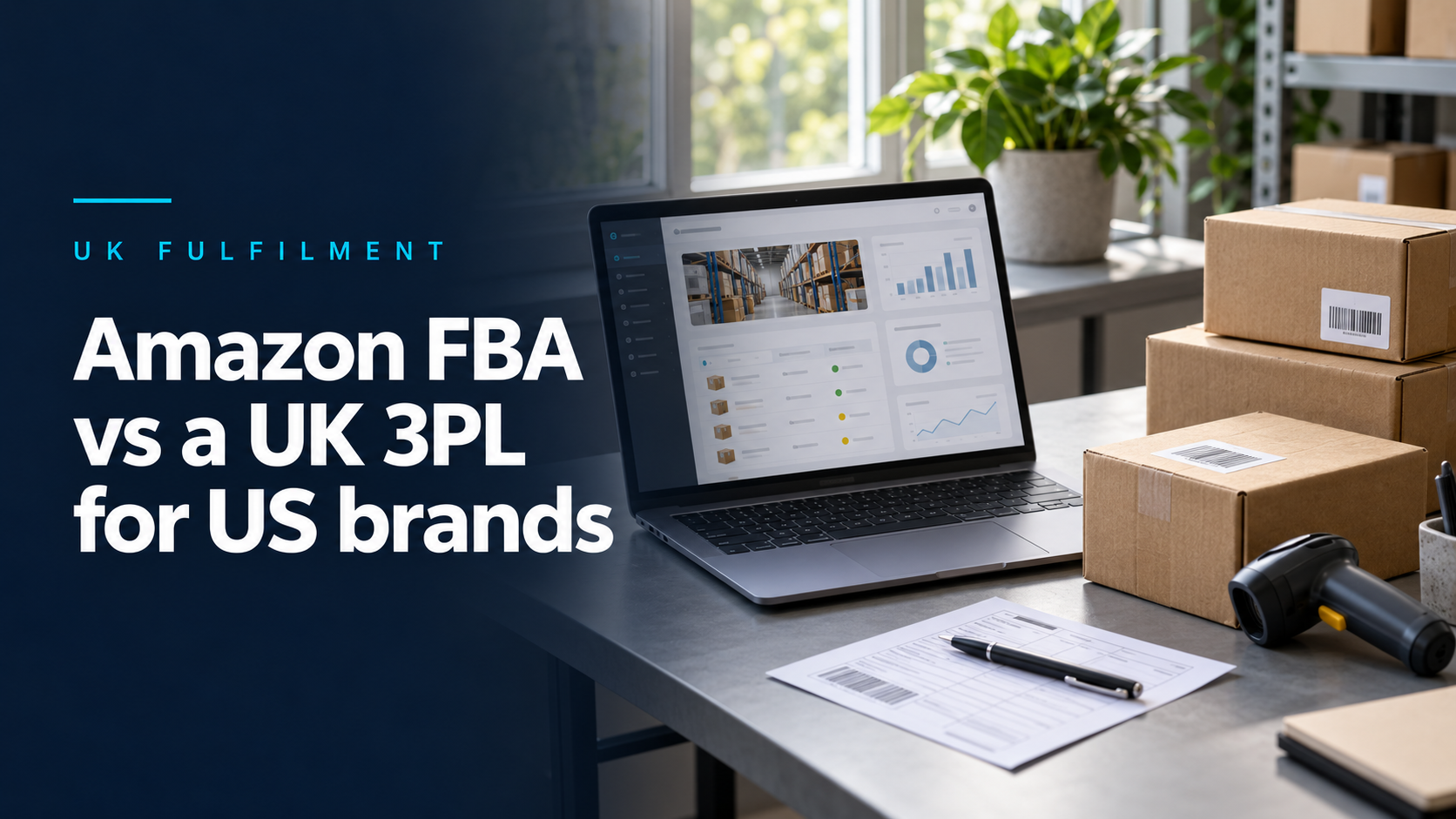Amazon FBA vs a UK 3PL for US brands, with a laptop and shipping parcels.