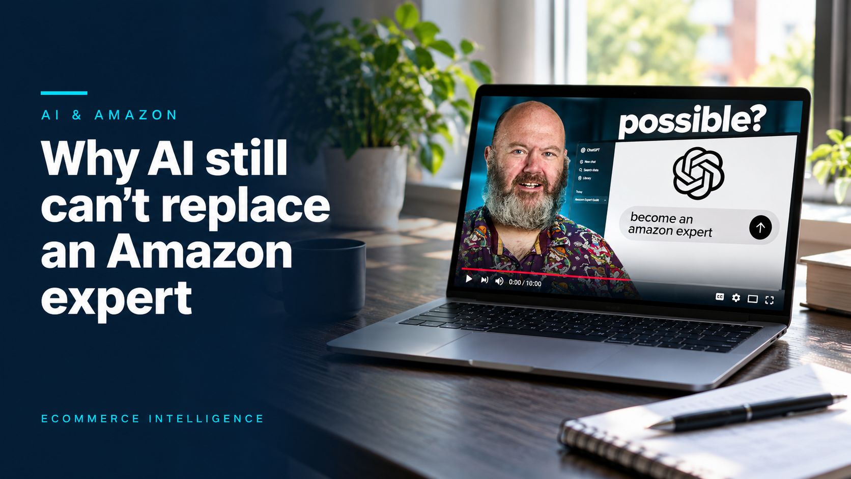Laptop displaying Ecommerce Intelligence’s video about why AI still needs human Amazon expertise.